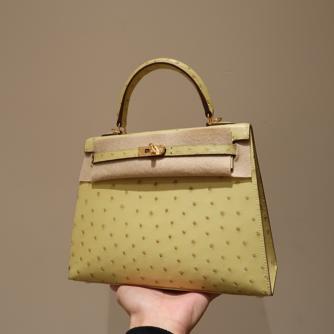 Hermes Kelly 25cm Handbag Shoulder Bag in Jaune Poussin Ostrich Leather